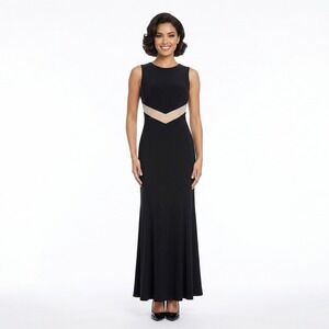 Betsy & Adam Black Sleeveless Gown with Mesh Chevron Waist Back Cutout Size 4